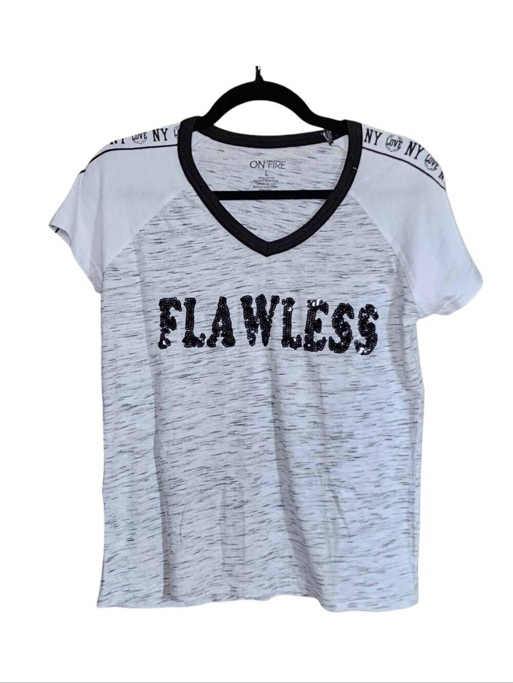 On Fire White 'Flawless' Sequin V-Neck Tee